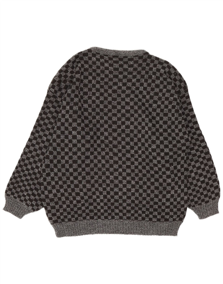 Vintage herre V-hals sweater stor grå geometrisk akryl