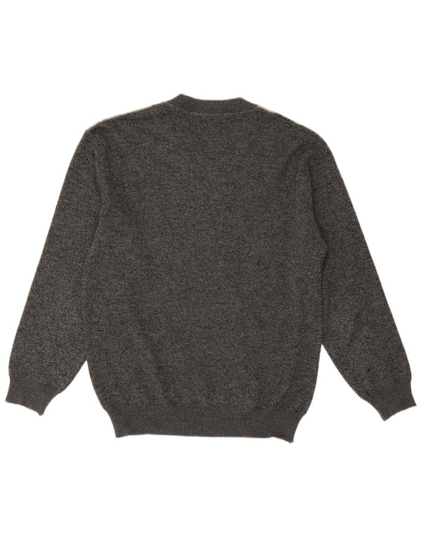 Vintage Mens V-Neck Jumper Sweater Medium Grey Geometric Merino Wool