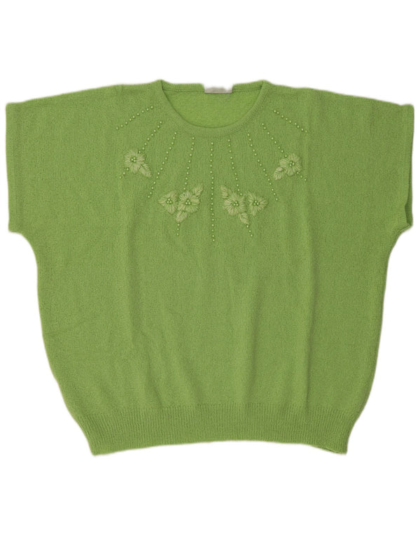 Vintage kvinders kortærmet rund hals sweater IT 58 5XL Grøn blomster