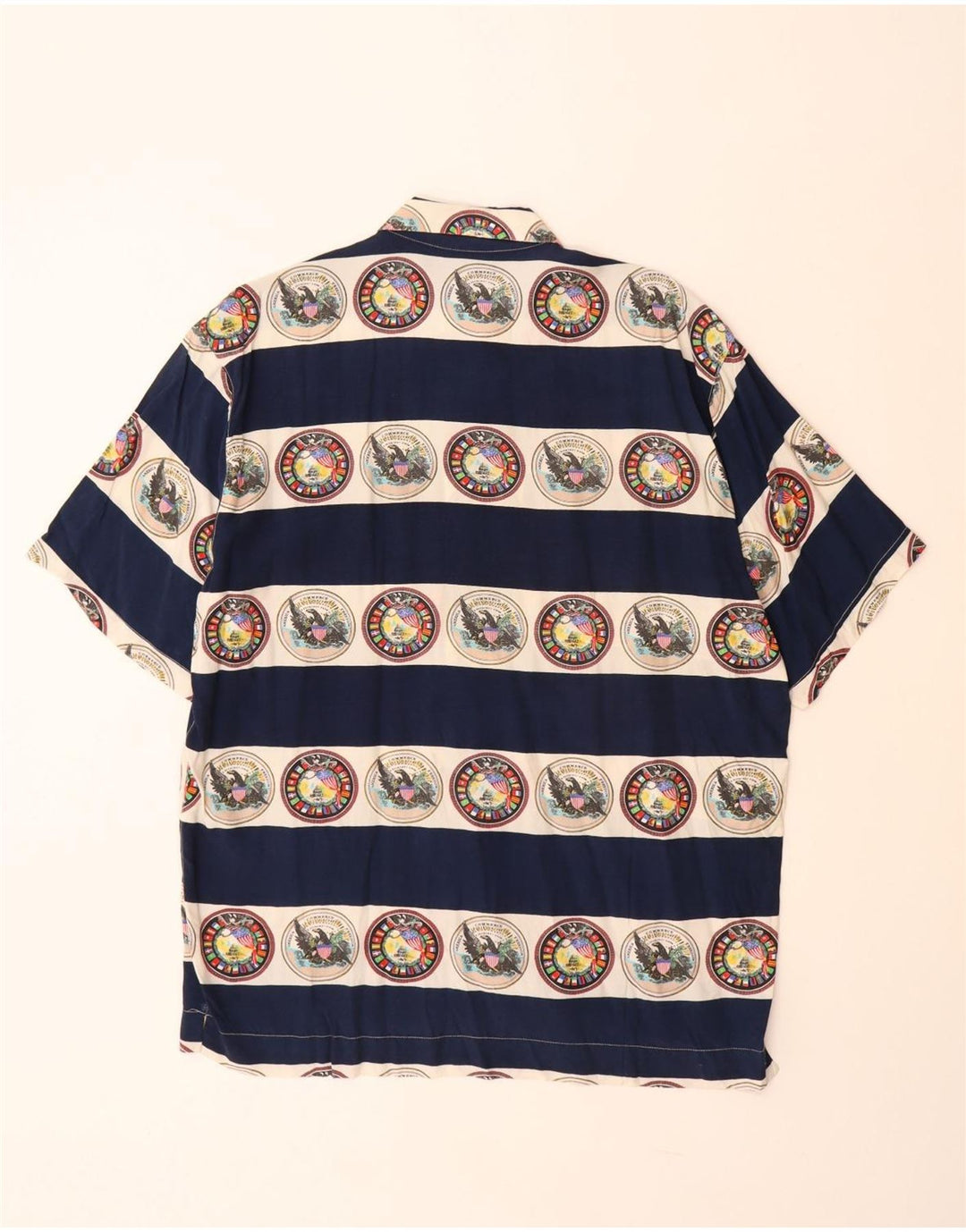 VINTAGE Herre grafisk kortærmet skjorte Stor marineblå stribet viskose