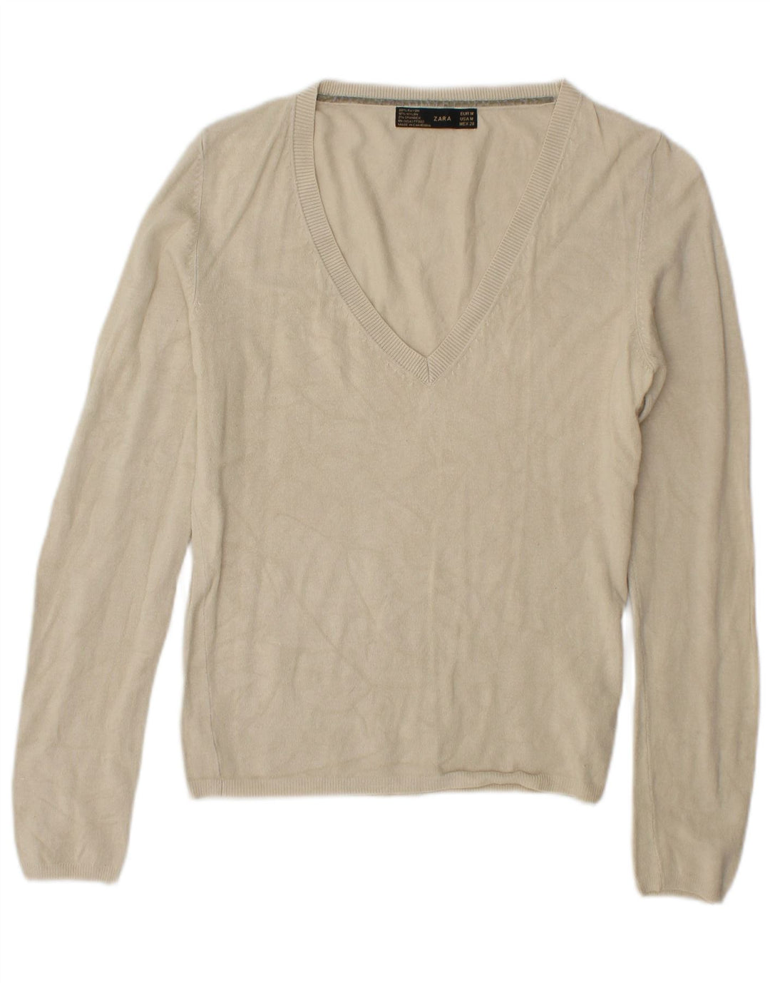 Zara Dame V-hals sweater UK 14 Medium Beige Rayon