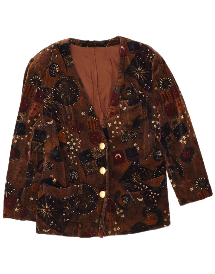 Vintage Dame Velvet 3 Button Blazer Jacket UK 14 Medium Brown Geometric
