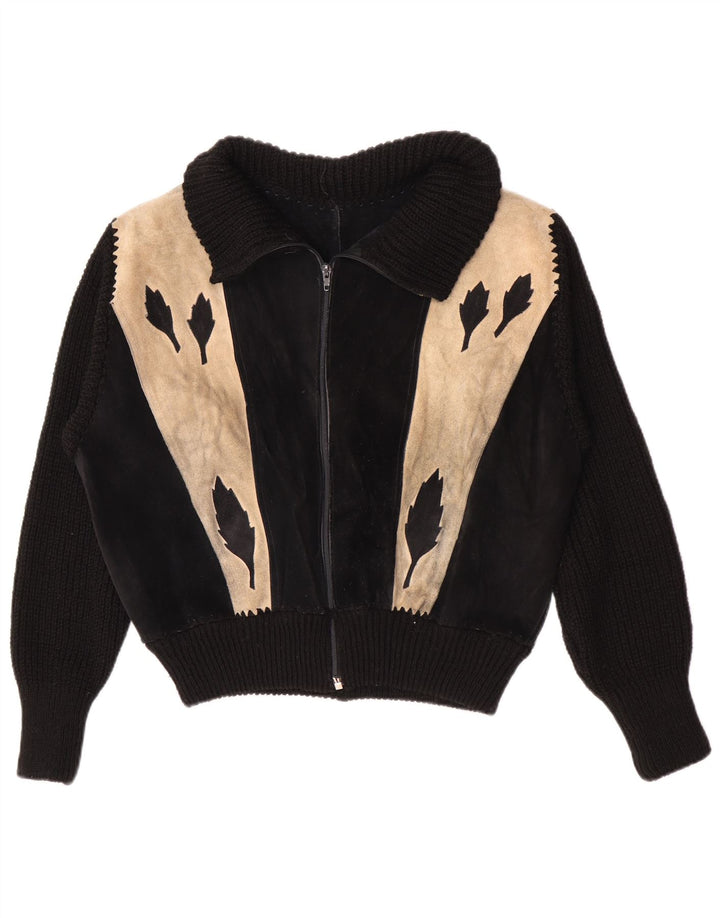 Vintage Dame Bomber Ruskindsjakke UK 16 Large Black Colourblock