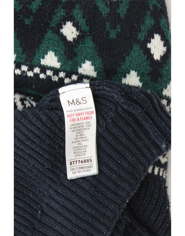 Marks & Spencer Herre Zip Neck Jumper Sweater 2XL Navy Blue Fair Isle