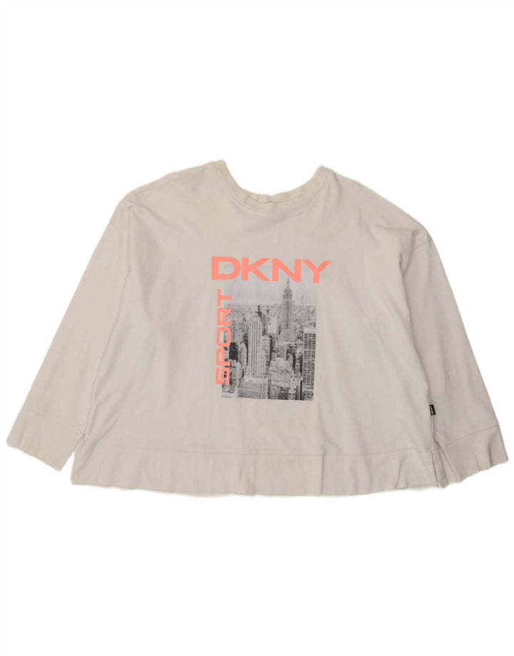 Dkny Dame Oversized Grafisk Top Langærmet UK 14 Medium Hvid Bomuld