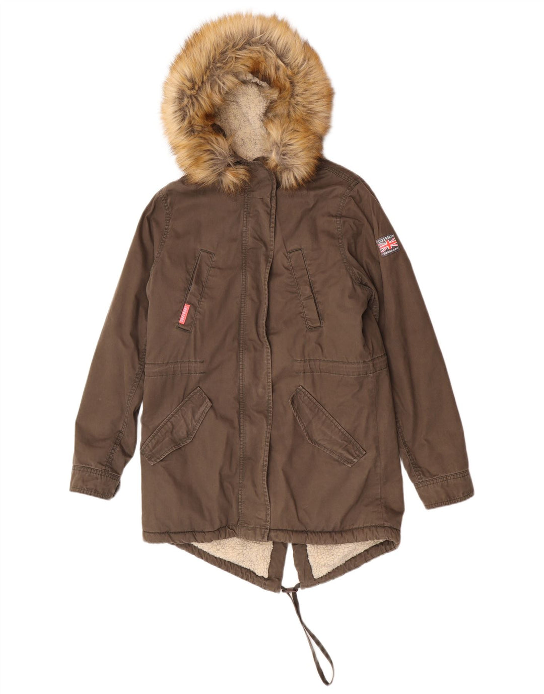 Superdry Sherpa Parkajakke med hætte i overstørrelse til kvinder UK 10 Small Khaki