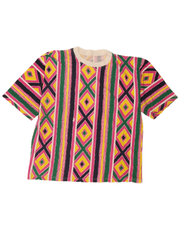 Vintage Dame T-Shirt Top UK 16 Stor Flerfarvet Geometrisk