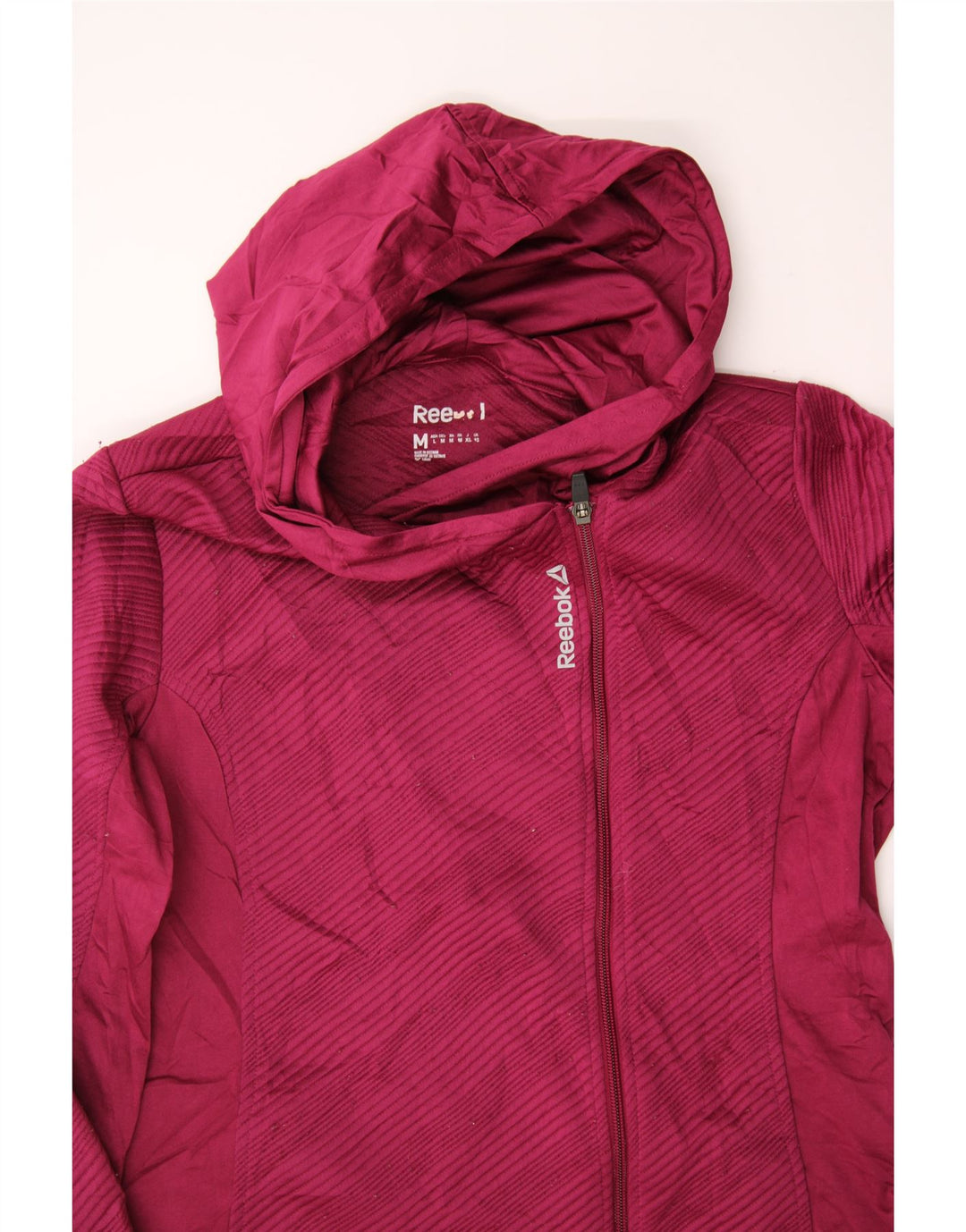 REEBOK Womens Zip Hoodie Sweater UK 12 Medium Burgundy Striped Polyester Vintage Reebok and Second-Hand Reebok from Messina Hembry 
