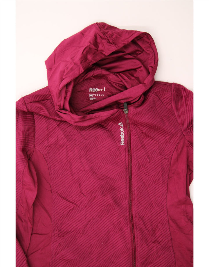 REEBOK Womens Zip Hoodie Sweater UK 12 Medium Burgundy Striped Polyester Vintage Reebok and Second-Hand Reebok from Messina Hembry 