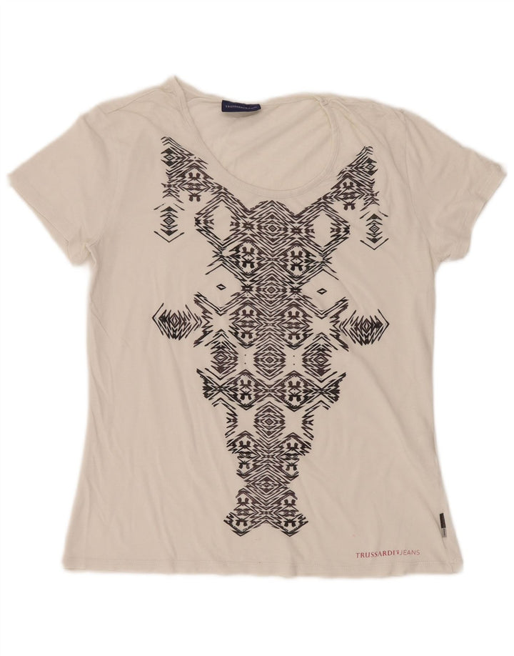 TRUSSARDI JEANS Grafisk T-shirt top til kvinder DK 14 Stor hvid geometrisk