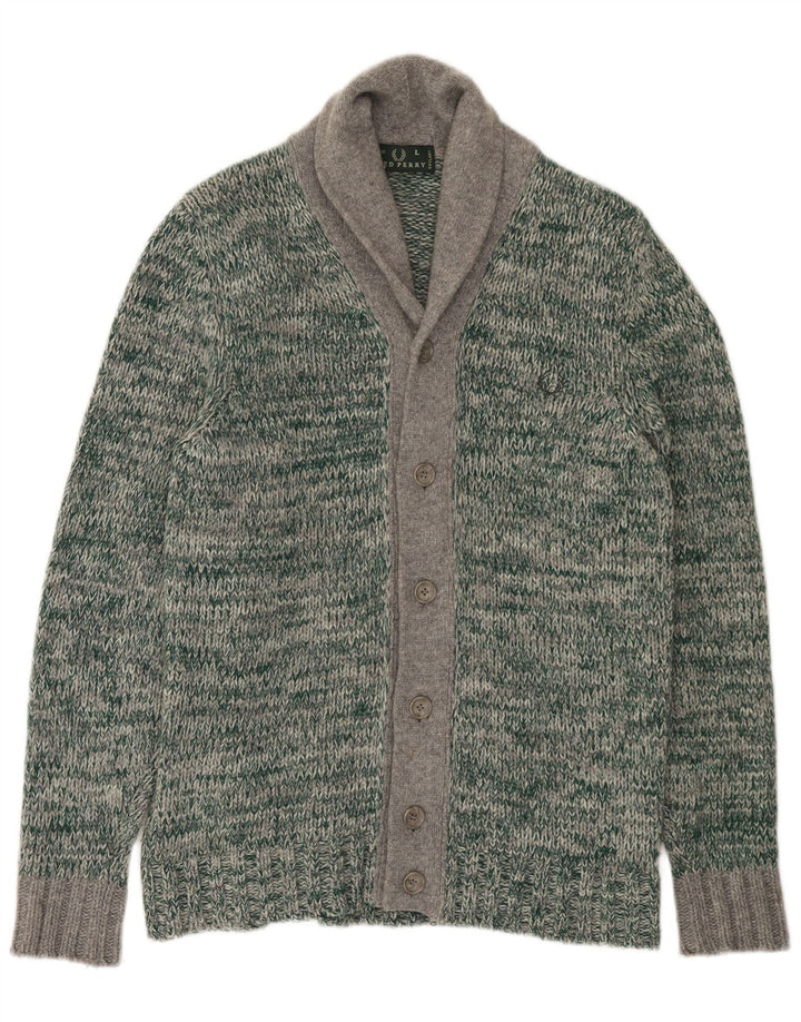 Fred Perry Herre Cardigan Sweater Stor Grøn Flecked Uld