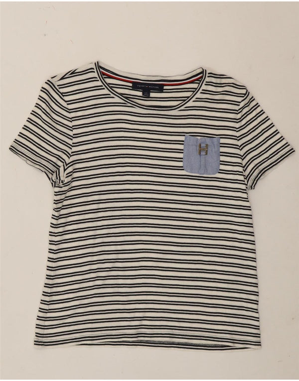Tommy Hilfiger Dame T-Shirt Top UK 14 Stor hvid stribet bomuld