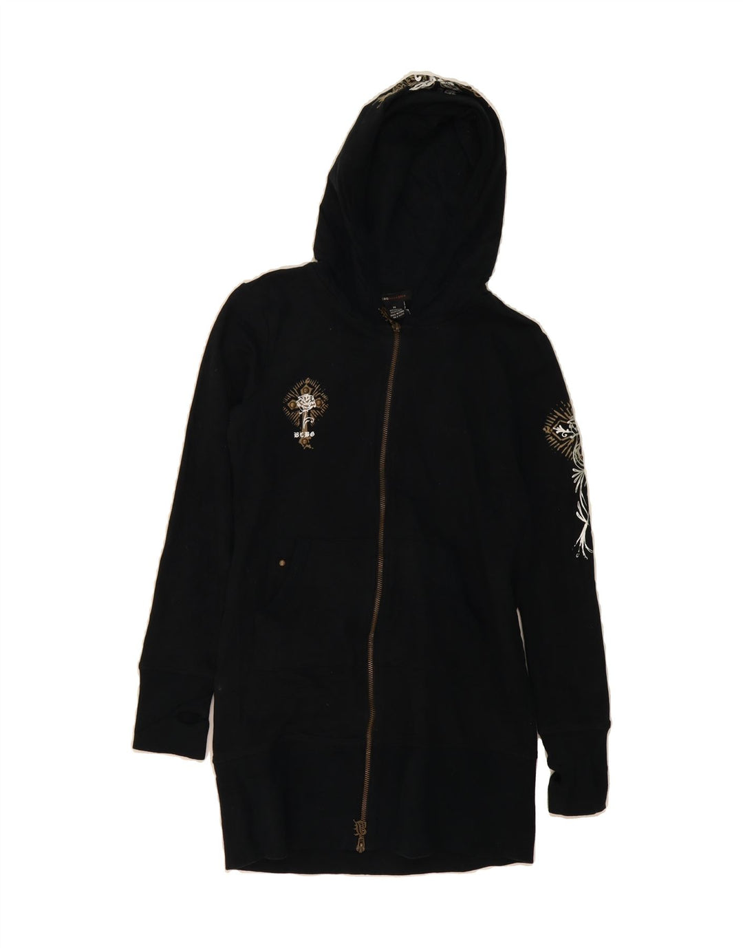 BCBGMAXAZRIA Womens Longline Graphic Zip Hoodie Sweater UK 12 Medium Black Vintage BCBGMAXAZRIA and Second-Hand BCBGMAXAZRIA from Messina Hembry 