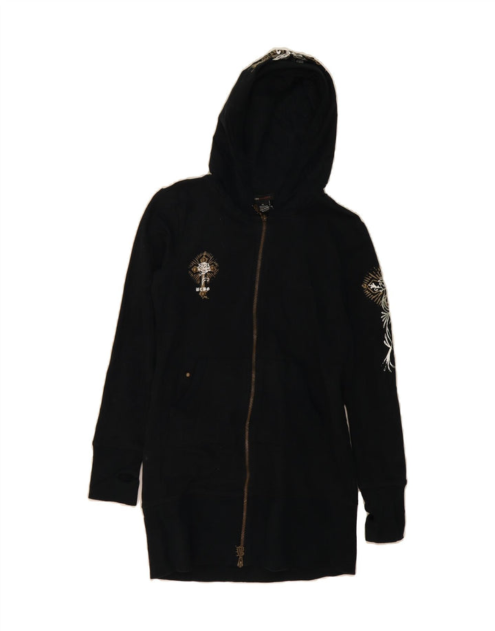 BCBGMAXAZRIA Womens Longline Graphic Zip Hoodie Sweater UK 12 Medium Black Vintage BCBGMAXAZRIA and Second-Hand BCBGMAXAZRIA from Messina Hembry 