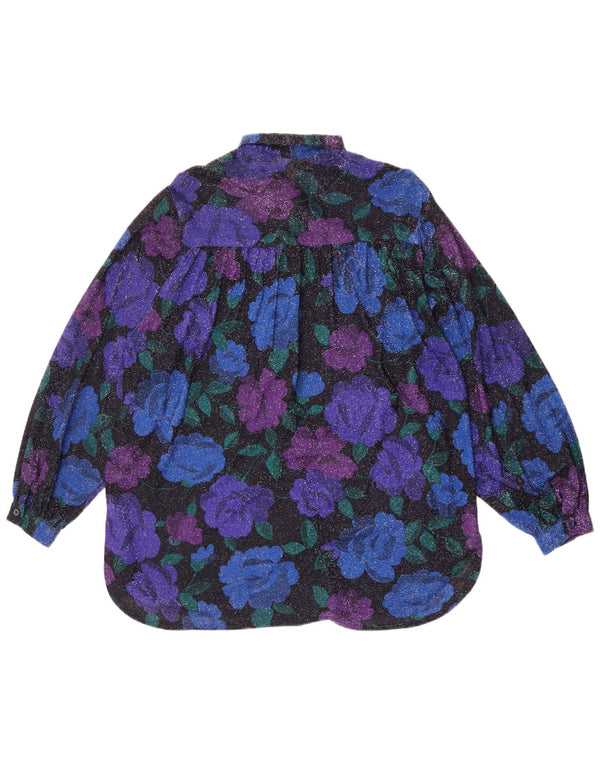 Vintage Dame Oversized Shirt Bluse UK 16 Large Blue Floral