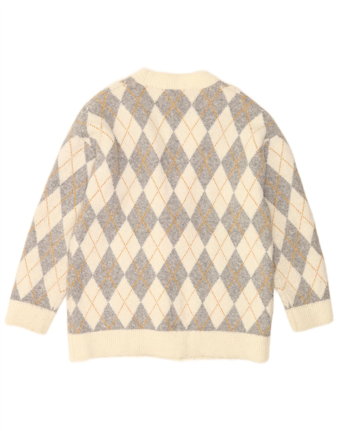 Zara Kvinders Oversized Cardigan Sweater UK 10 Small Off White Argyle/Diamond