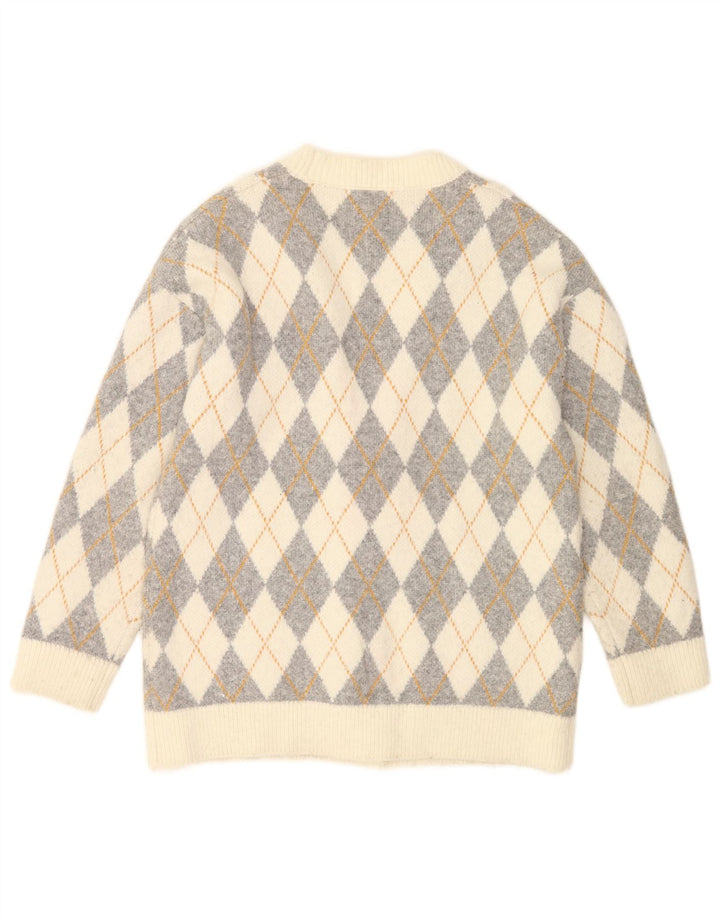 Zara Kvinders Oversized Cardigan Sweater UK 10 Small Off White Argyle/Diamond