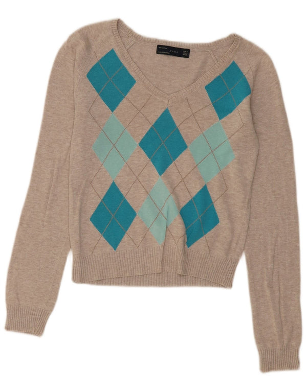 Zara Womens Crop V-hals sweater UK 10 Small Beige Argyle/Diamond
