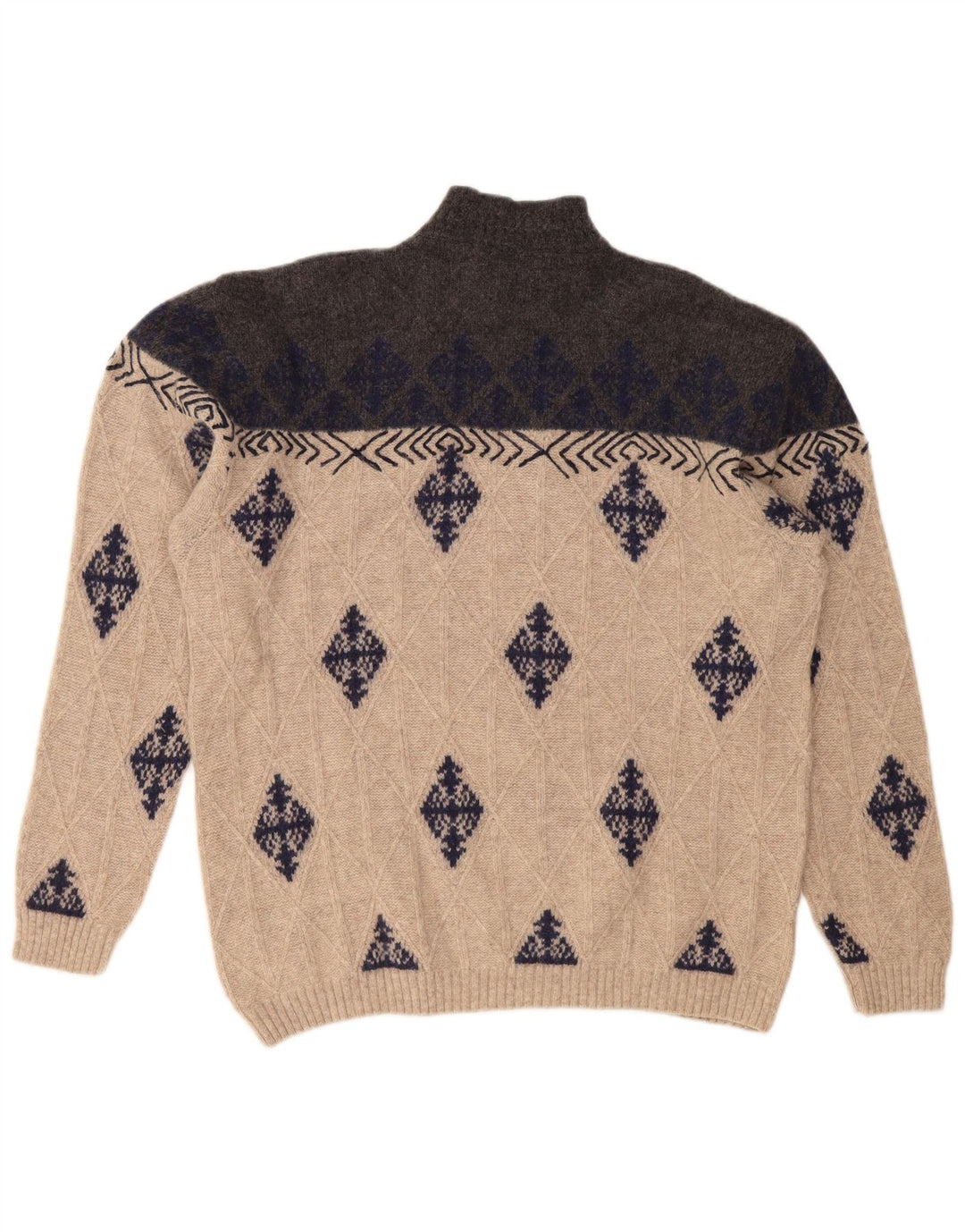 VINTAGE Herre Turtle Neck Jumper Sweater XL Beige Argyle/Diamond