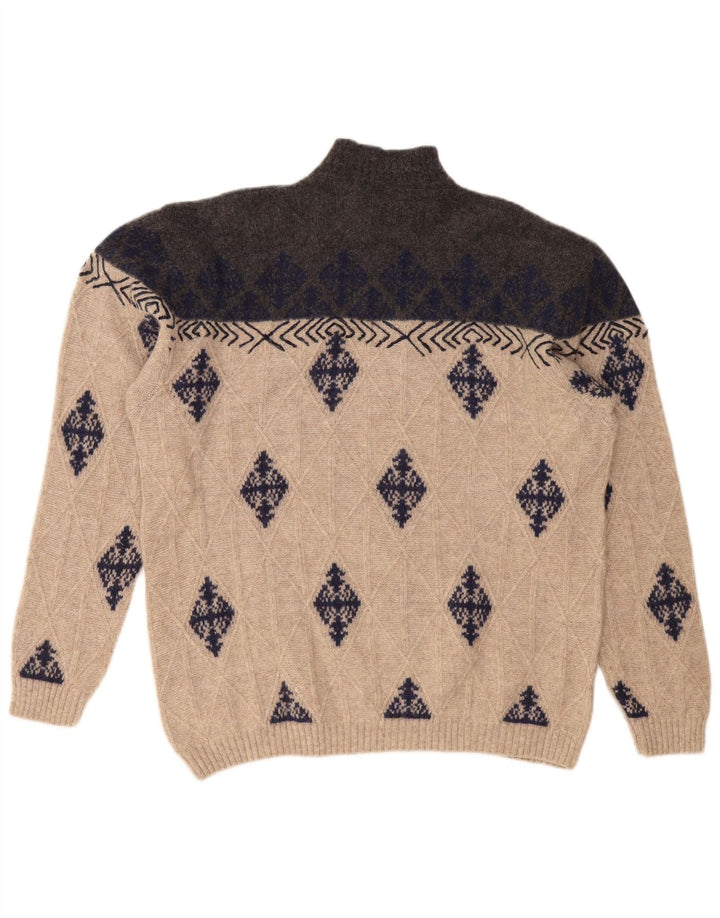 VINTAGE Herre Turtle Neck Jumper Sweater XL Beige Argyle/Diamond