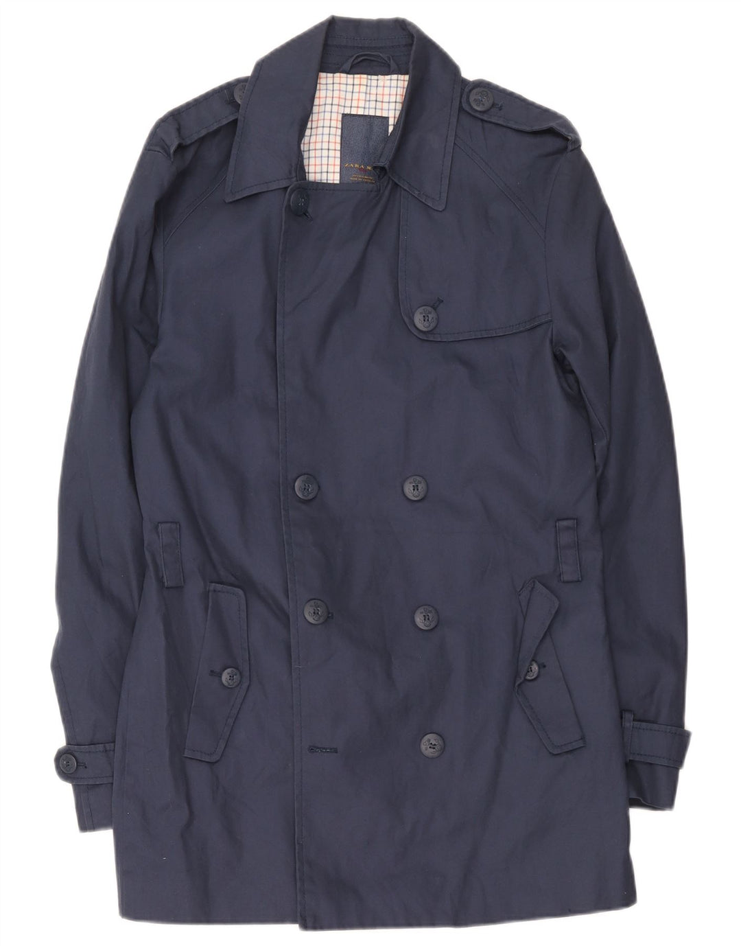 Zara Herre Trench Coat UK 40 Large Navy Blue Cotton