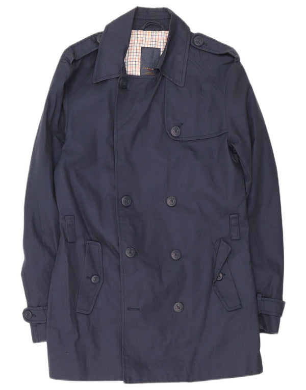 Zara Herre Trench Coat UK 40 Large Navy Blue Cotton