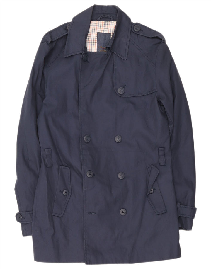 Zara Herre Trench Coat UK 40 Large Navy Blue Cotton