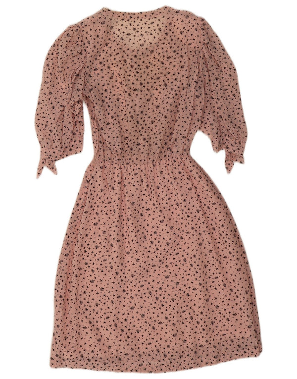 Vintage kvinders abstrakt mønster 3/4 ærmet A-line kjole UK 8 Lille Pink