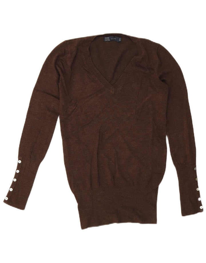 Zara Dame V-hals sweater UK 12 Medium Brown Rayon