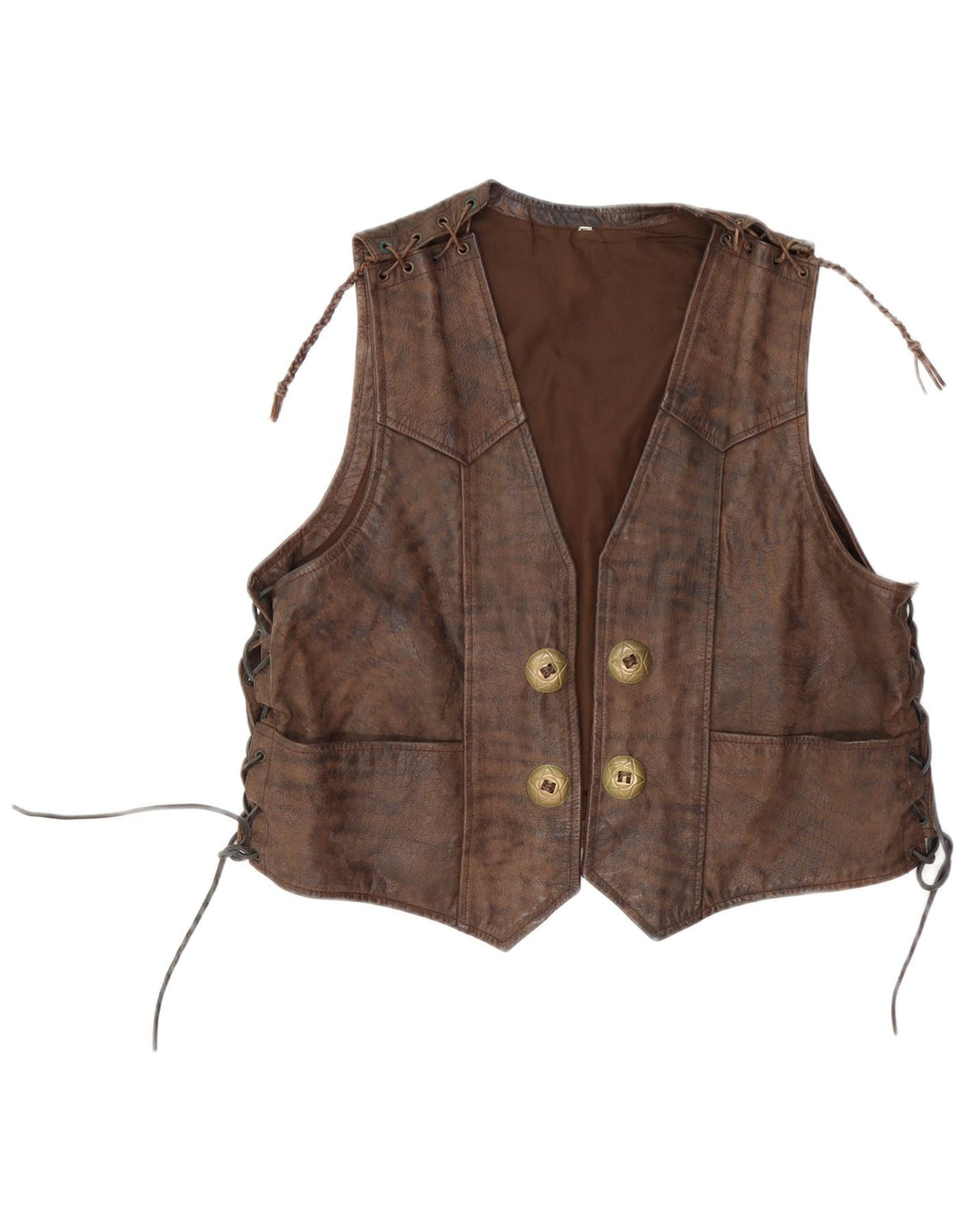 Vintage Herre Motorstyle Lædervest Stor Brun