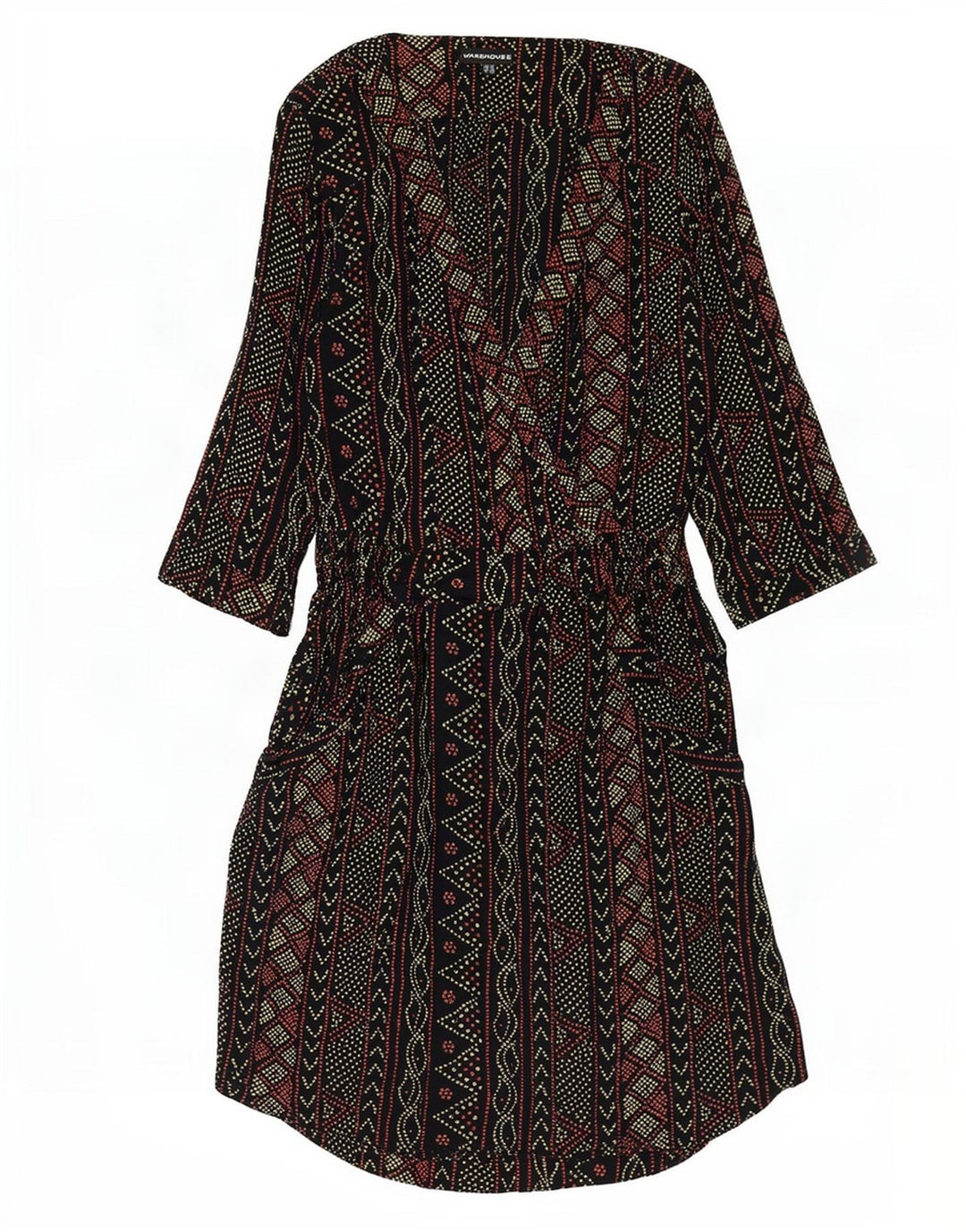 Warehouse Dame 3/4 ærmer Empire Dress UK 12 Medium Sort Geometrisk