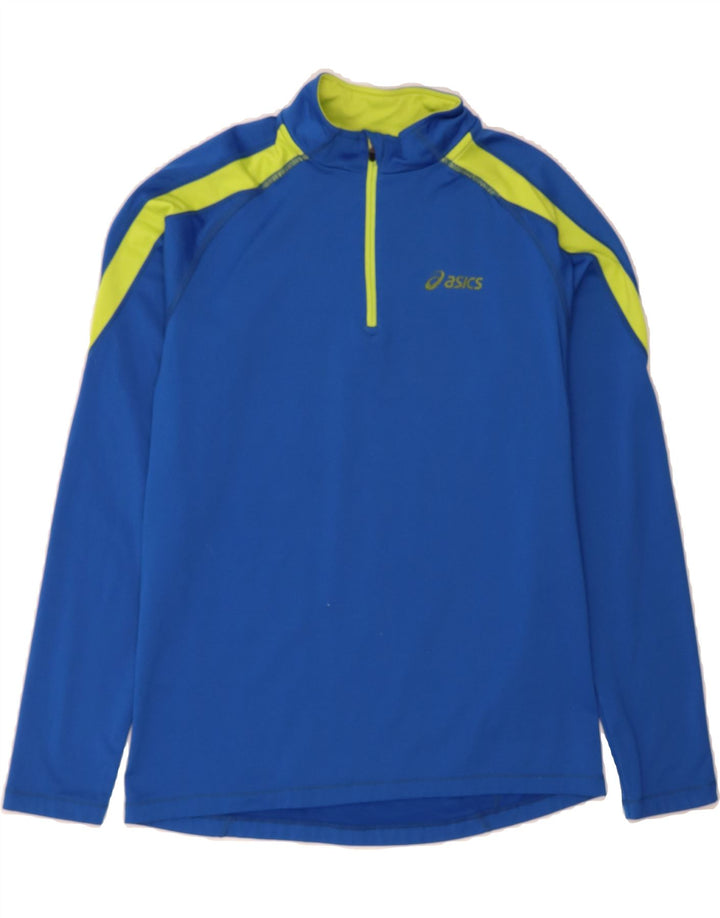 ASICS Boys Zip Neck Pullover Tracksuit Top 13-14 Years Blue Colourblock Vintage Asics and Second-Hand Asics from Messina Hembry 