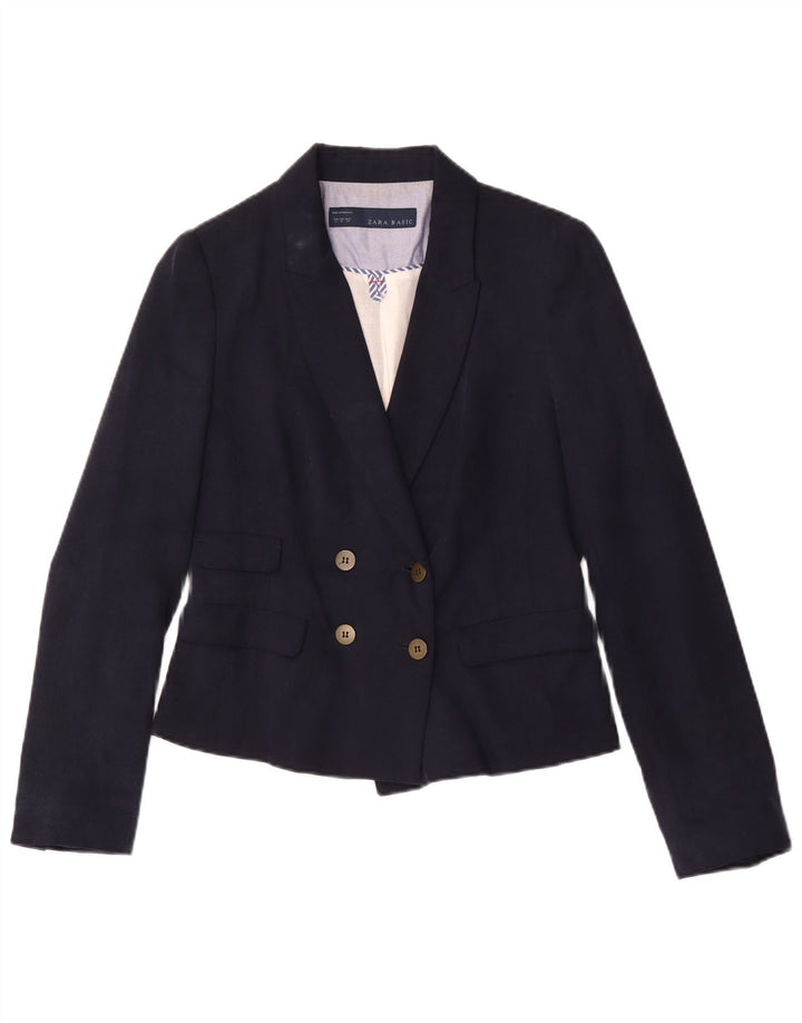 Zara Dame Dobbeltradet Blazer Jacket UK 12 Medium Navy Blue Lyocell