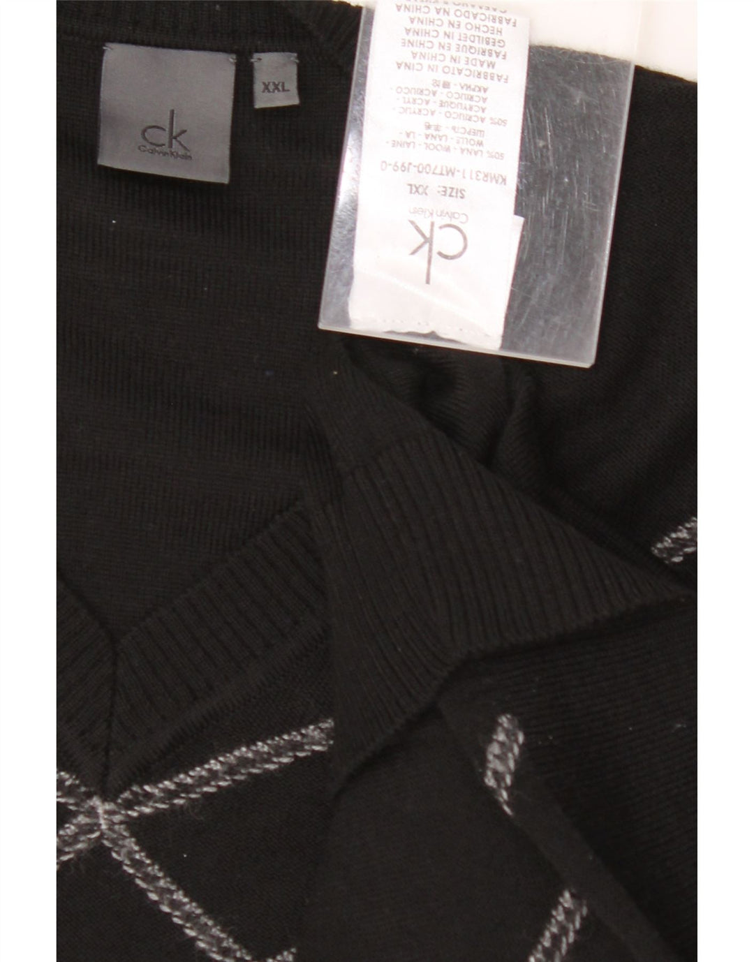 CALVIN KLEIN Mens V-Neck Jumper Sweater 2XL Black Geometric Wool