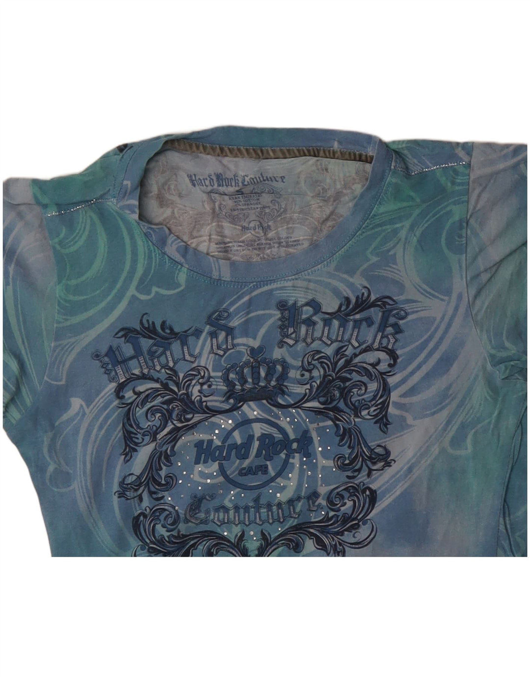 HARD ROCK CAFE Dame Couture Grafisk T-Shirt Top UK 8 Small Blue Tie Dye