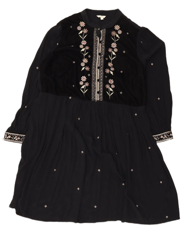 Monsoon Dame Langærmet A-Line Kjole UK 18 XL Sort Floral Polyester
