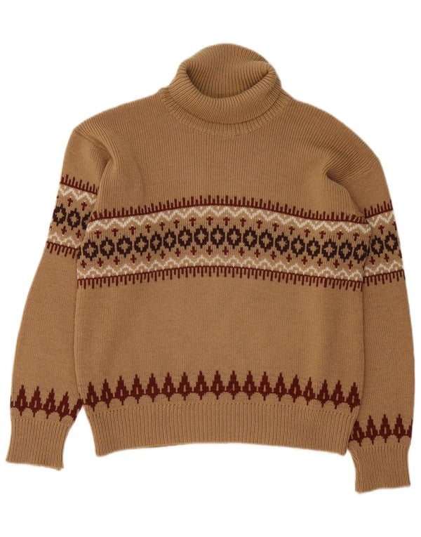 Vintage Womens Roll Neck Jumper Sweater UK 14 Medium Brown Fair Isle
