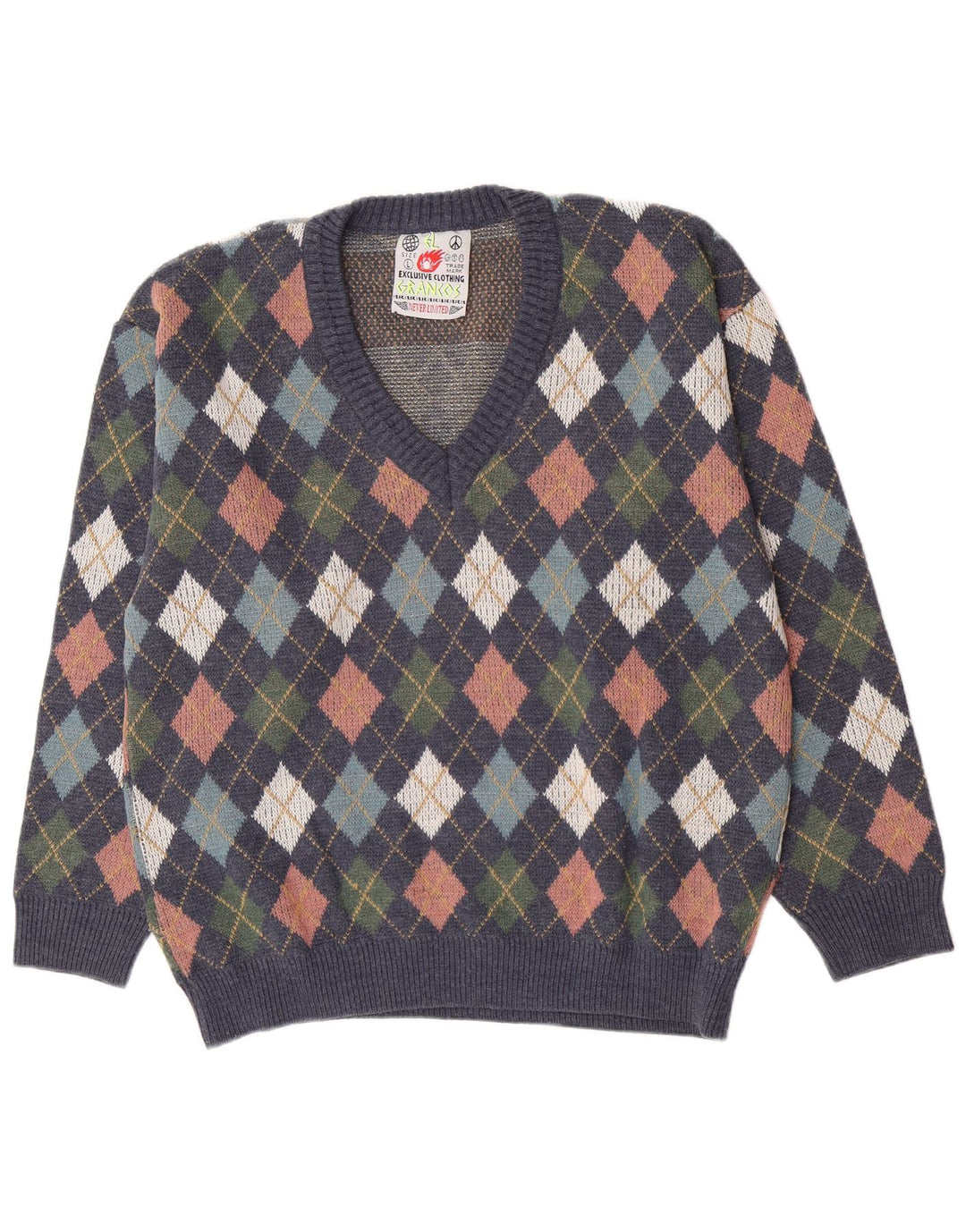 Vintage Herre V-hals trøje Sweater Large Navy Blue Argyle/Diamond Wool
