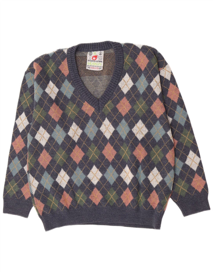 Vintage Herre V-hals trøje Sweater Large Navy Blue Argyle/Diamond Wool