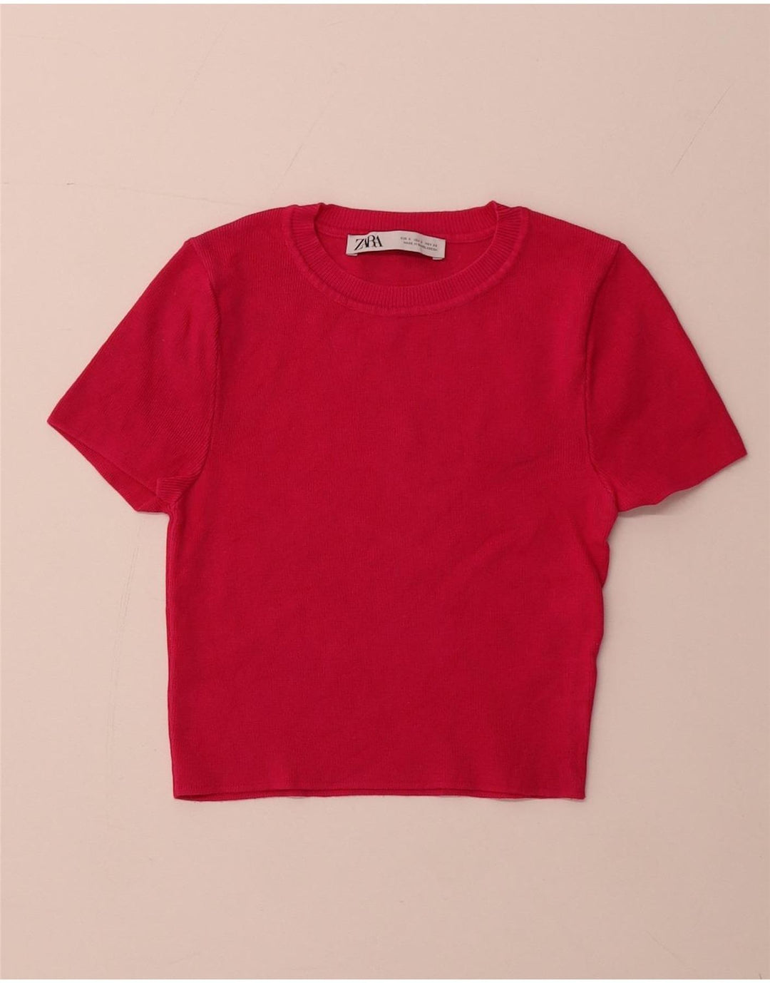 ZARA Womens Crop Kortærmet Jumper Sweater med rund hals UK 8 Small Pink