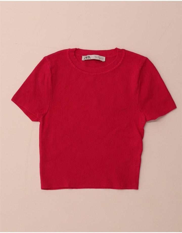 ZARA Womens Crop Kortærmet Jumper Sweater med rund hals UK 8 Small Pink