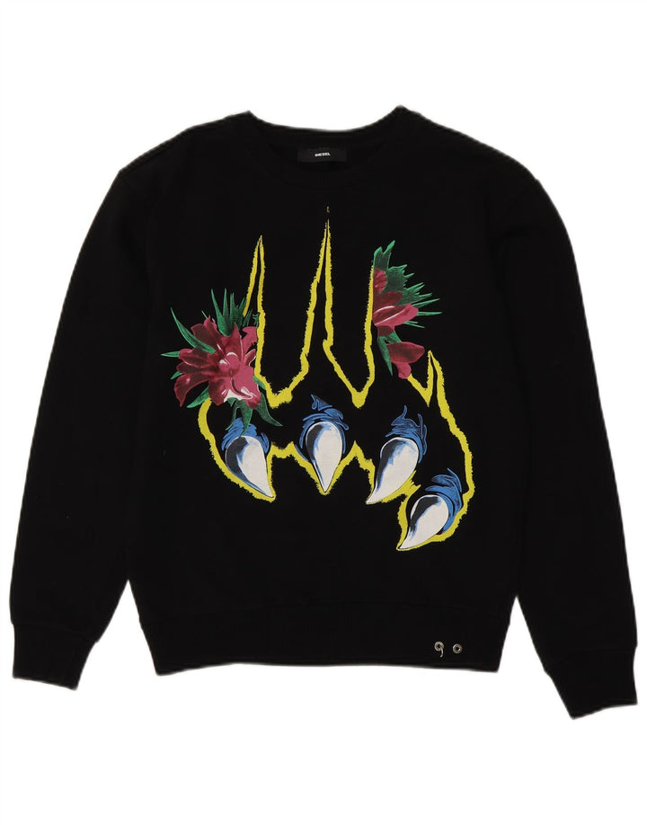 DIESEL Dame Grafisk Sweatshirt Jumper UK 10 Small Black Bomuld