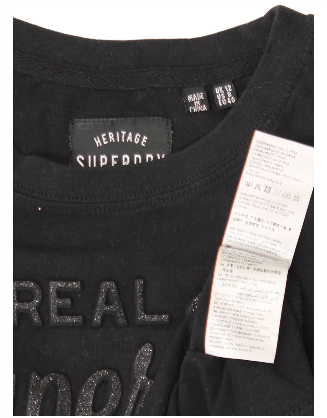 Superdry Grafisk T-shirt top til kvinder UK 12 Medium Sort Bomuld