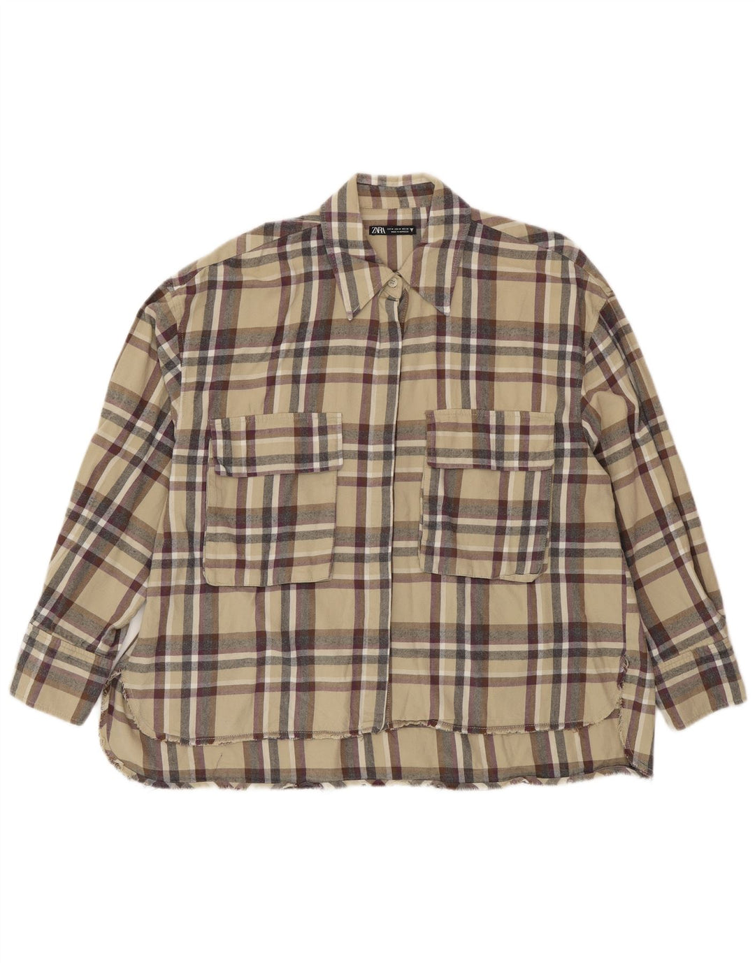 ZARA Dame Oversized Flanell Shirt UK 14 Medium Beige Plaid Bomuld