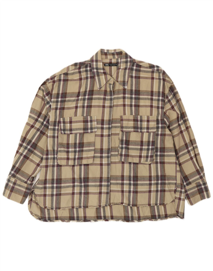 ZARA Dame Oversized Flanell Shirt UK 14 Medium Beige Plaid Bomuld