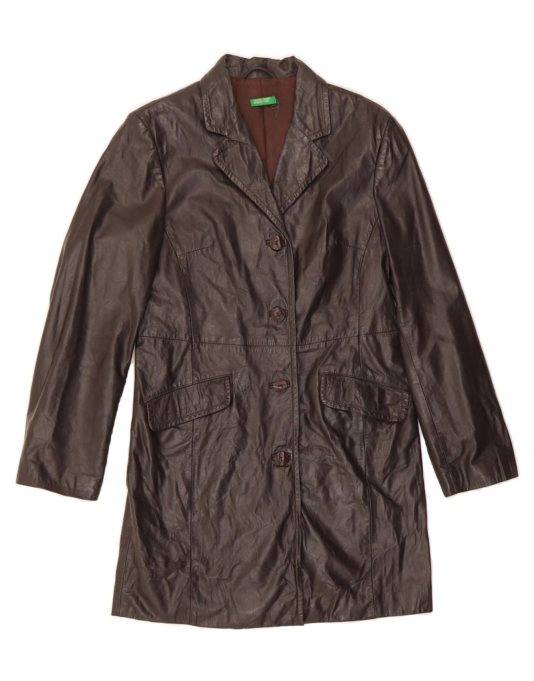 BENETTON Womens Leather Coat IT 42 Medium Brown Leather Vintage Benetton and Second-Hand Benetton from Messina Hembry 