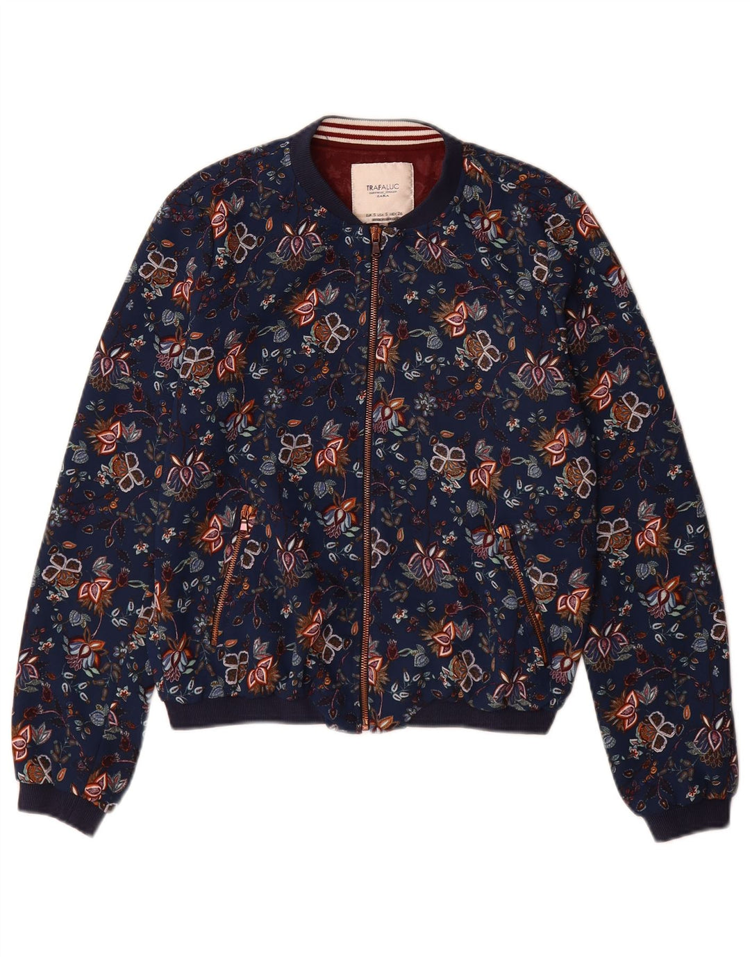 Zara Dame Trafaluc Bomber Jacket UK 10 Small Navy Blue Floral Polyester
