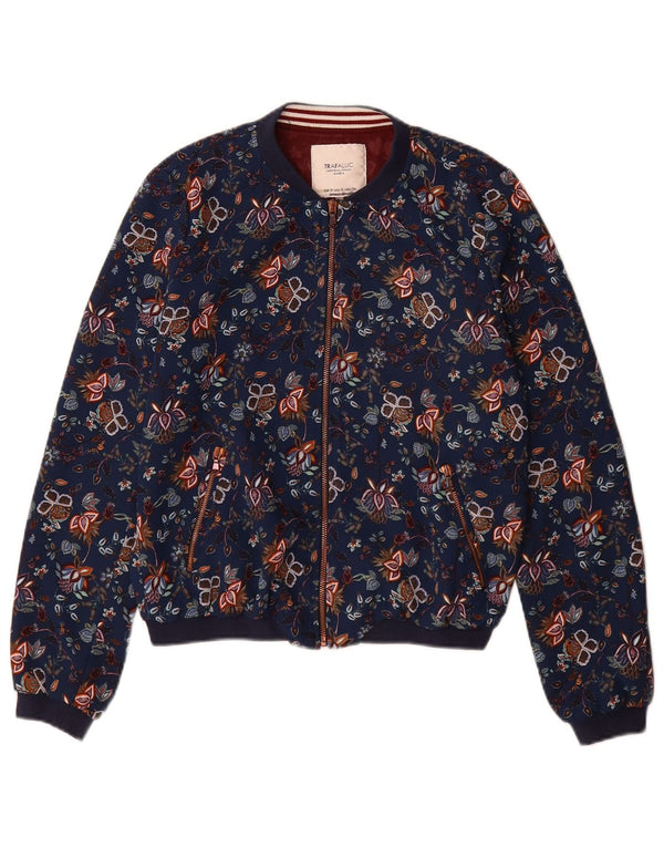 Zara Dame Trafaluc Bomber Jacket UK 10 Small Navy Blue Floral Polyester