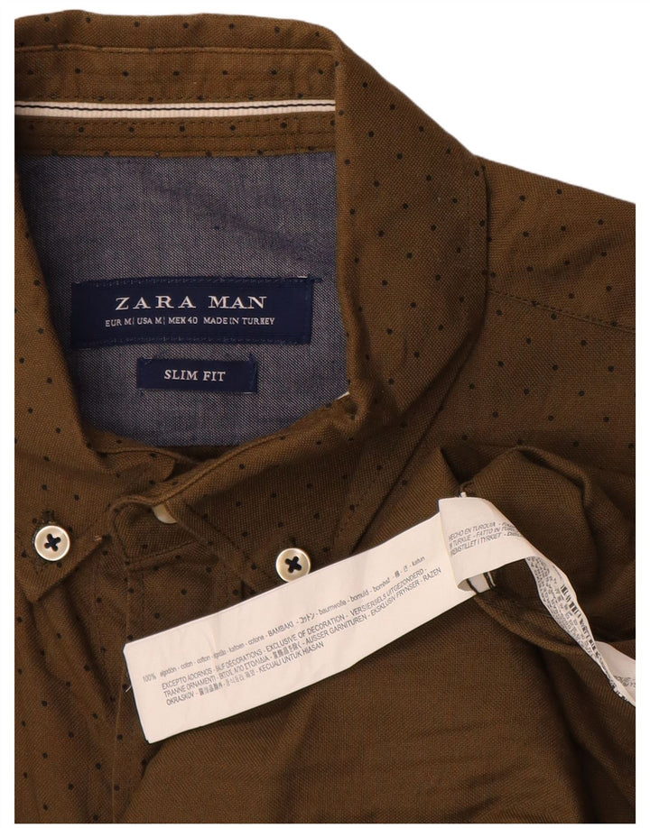 Zara Herre Slim Fit skjorte Medium Khaki plettet bomuld