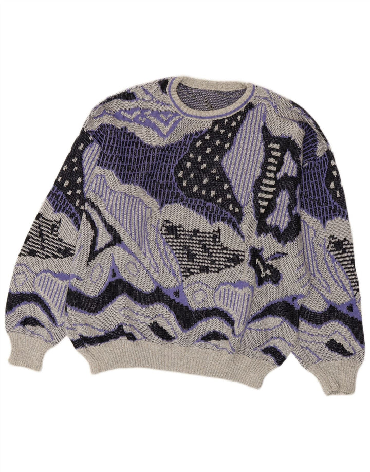 VINTAGE kvinders abstrakt mønster rund hals sweater UK 20 2XL Grå